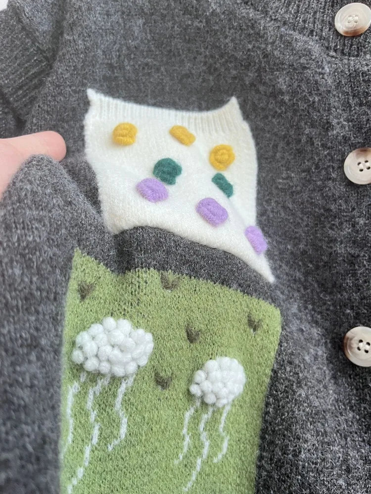 South Korea Hook 3d Flower Vest for Gray Cardigan Clothing Chaleco Mujer Pockets Design Waistcoat