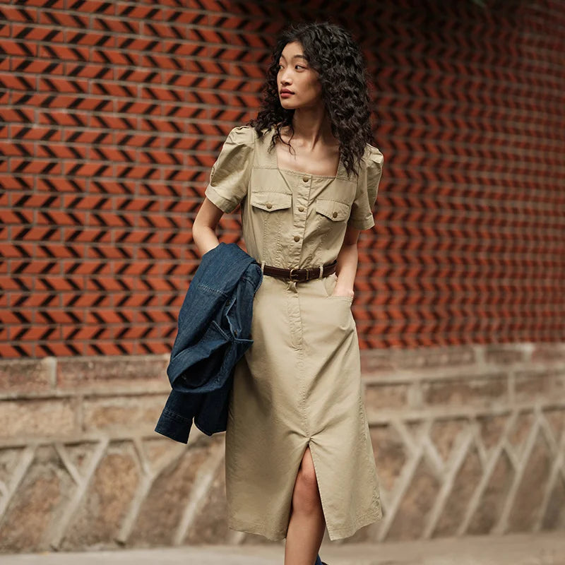 Dress Square Neck Split Midi Dress Summer New Salt-washed Utility Dress With Vibes