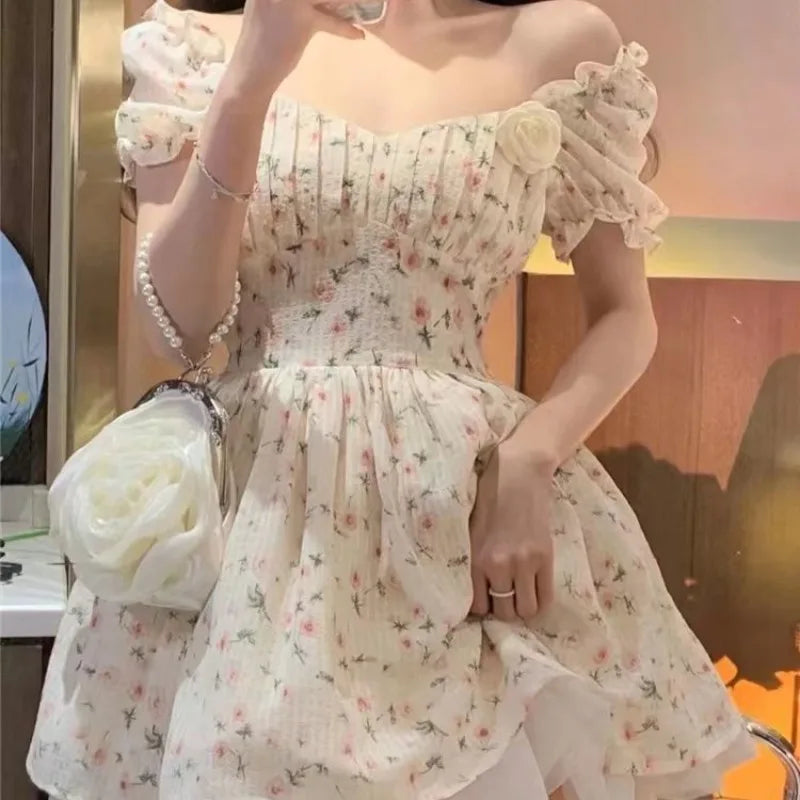 Print Mini Dresses Puff Sleeve Mori Girl Style Sweet Spring Summer Dress Korean Vestidos Mujer