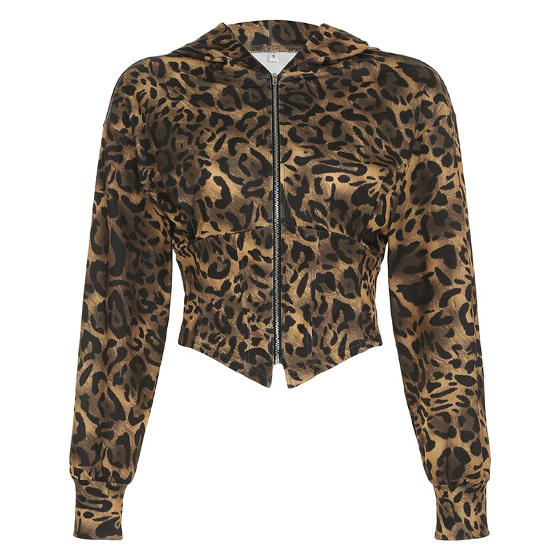 Autumn New Zip Up Hooded ��s Sweats Long Sleeve Binding Waist Leopard Hoodies Gyaru Baddie Y2k