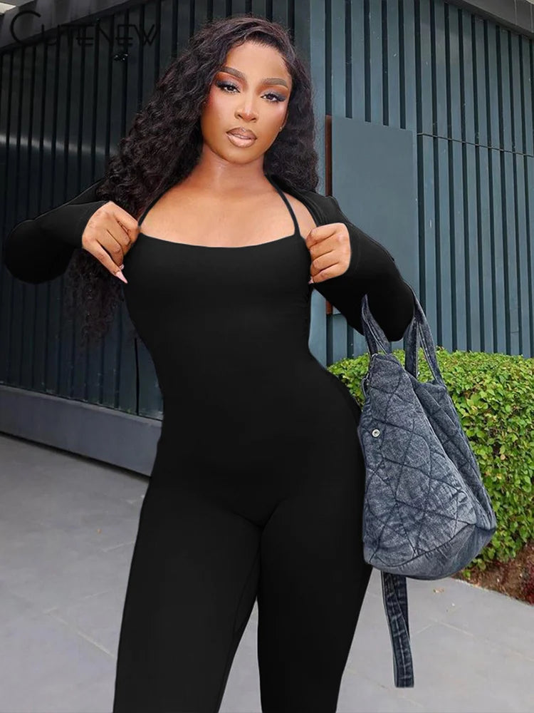 Sporty Jumpsuits 2 Piece Cross Sleeveless Skinny Stretch Overalls+crop Cardigan Tops Female Fall Tracksuits