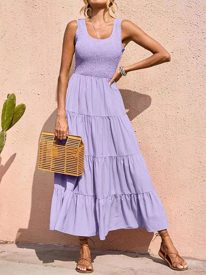 Dresses for Summer Sleeveless Color Long Dress Elastic Waist Beach Party Big Swing