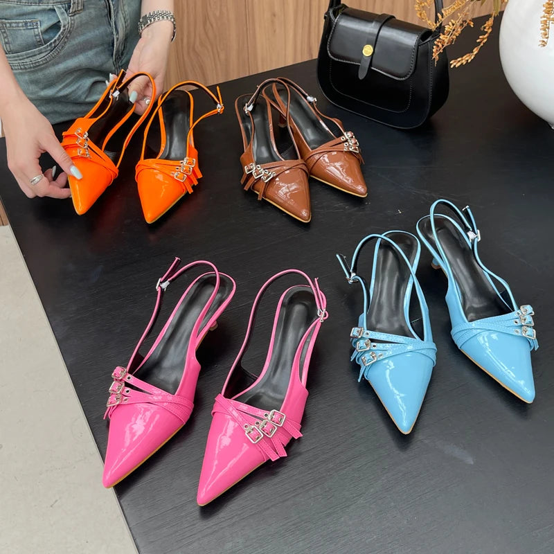 Orange Ladie Pumps Pink High Heels Pointed Toe Slingback Shoes Belt Buckle Low Heel Summer Office Shoes Blue