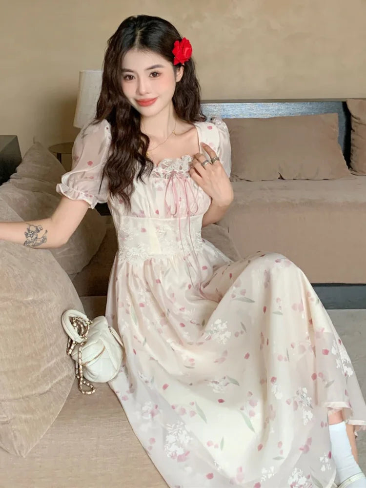 Summer French Chiffon Lace Dress Square Neck Waist Slim Shortsleeved Dress Bandage Midlength Dresses
