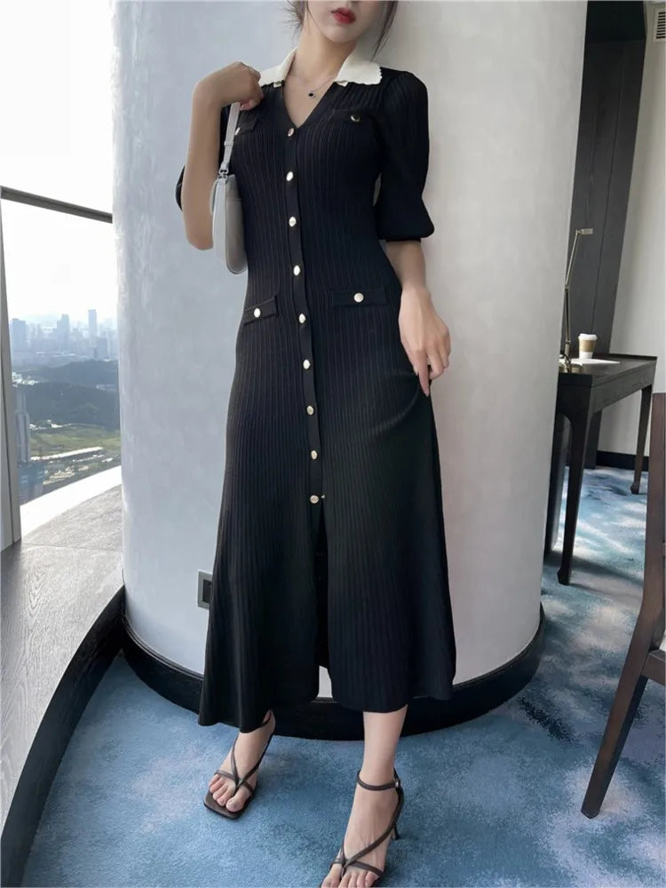 Autumn Knitted Dresses for Patchwork V-neck Puff Sleeve Single Breasted Midi Dress Vestidos Femme
