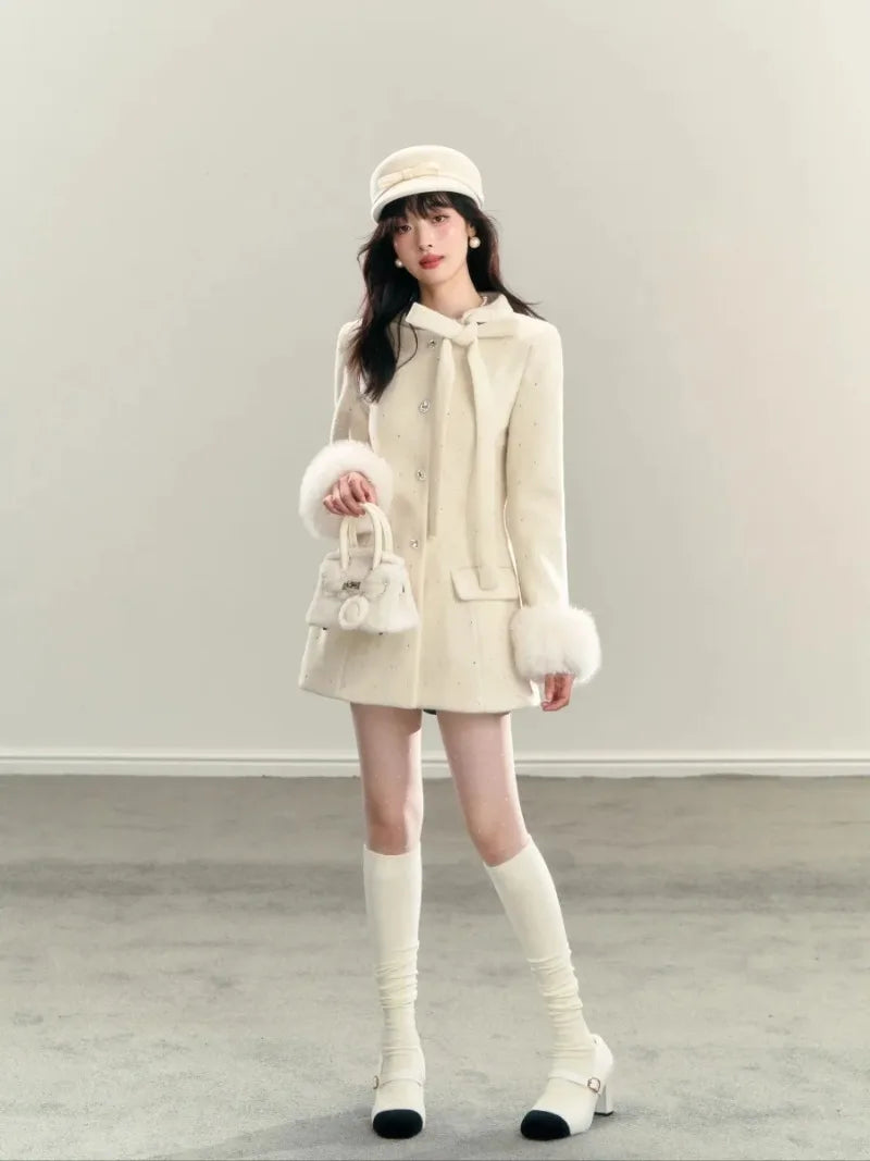 Sweet Hot Girl White Laceup Bow Coat Winter Slim Fit Single Breasted Woolen Coat Female Clothes