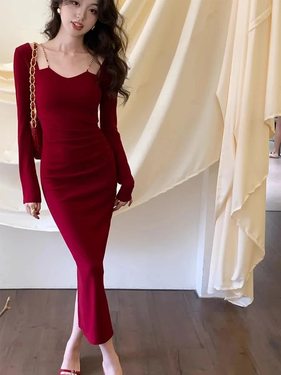 Bodycon Slim Midi Dress French Chain Spaghetti Strap Wedding Party Birthday Evening Prom Robe Sheath Clothing