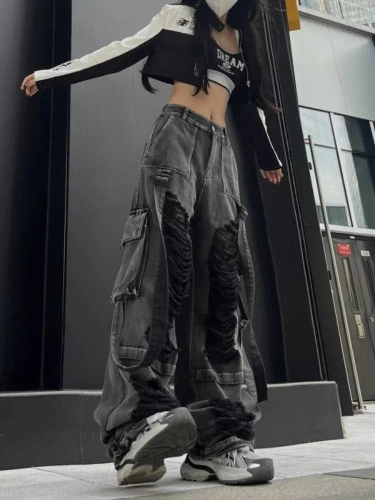 Black Ripped Jeans for Hip Hop Y2k Baggy Hole Do Old Wide Leg Cargo Denim Pants Bottoms