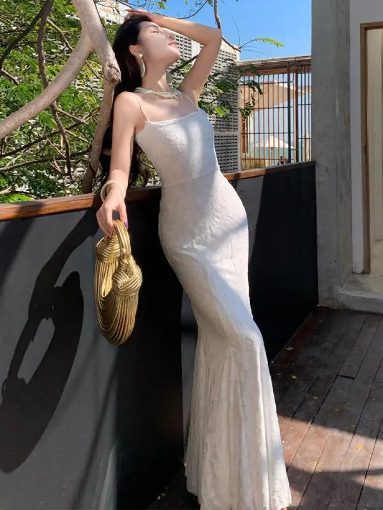 French Summer White Lace Club Slip Long Dress Yellow Backless Pleated Wrap Hip Fishtail Evening Dress Simplicity