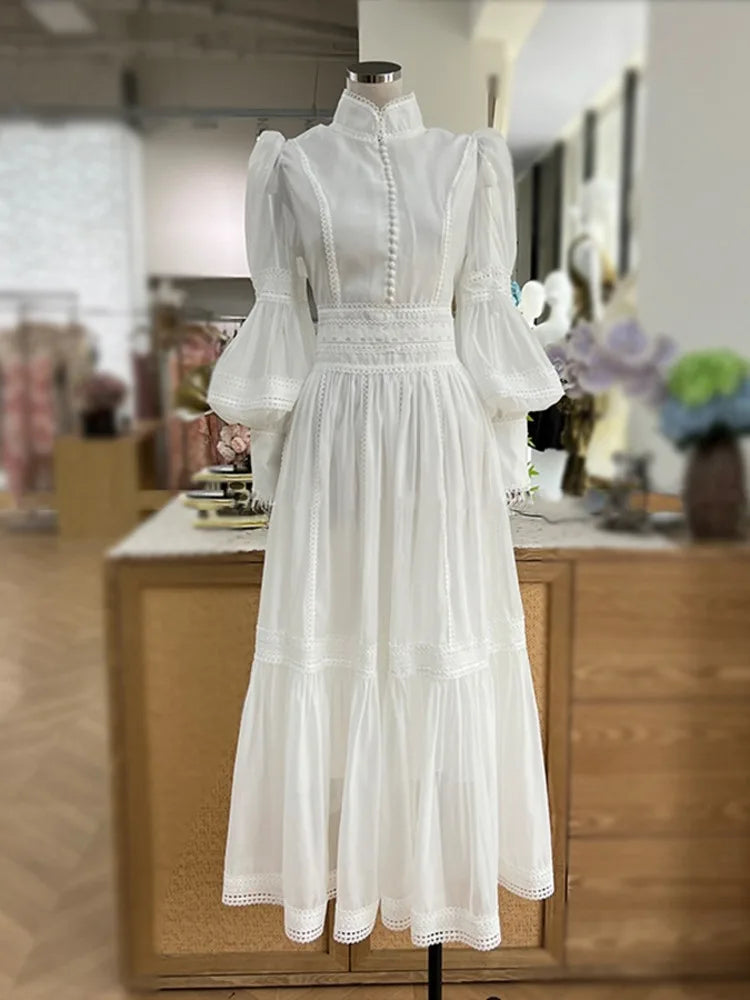 Long Dress Fairy Style Stand Up Collar Lantern Sleeves Splicing Waist Dresses Spring Autumn 1351