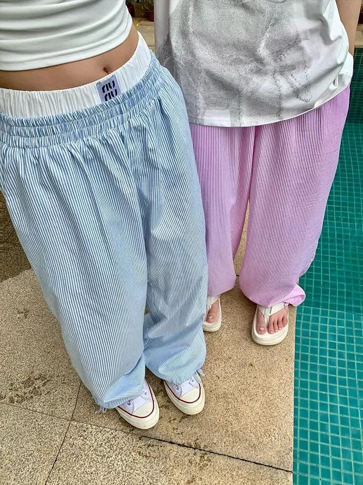 Summer Striped Pants Wide Leg Pants Harajuku Patchwork Fake Two Pieces Trousers Korean