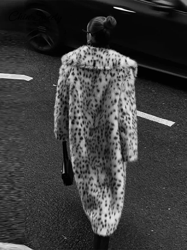 Animal Lapel Faux Fur Long Coat Loose Long Sleeve Pocket Lady Overcoats Autumn Winter Warm Street Thick Outwear