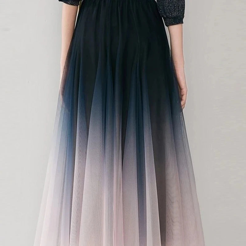 Tulle Skirts High Waist Gradient Mesh Pleated Midi Skirt Korean Elastic Loose All Match a Line Skirt