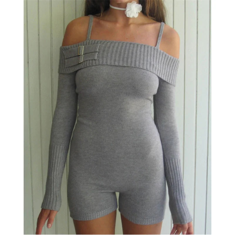 Summer New Offshoulder Jumpsuit for Long Sleeve Y2k Slim Playsuit Knitwear High Waist Short Sets Rompers