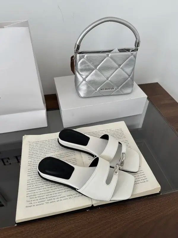 Shoes Woman Slippers Summer Square Toe Slides Rivet Pantofle Flat Designer New Rivet Shoes Slippers Summer Pan