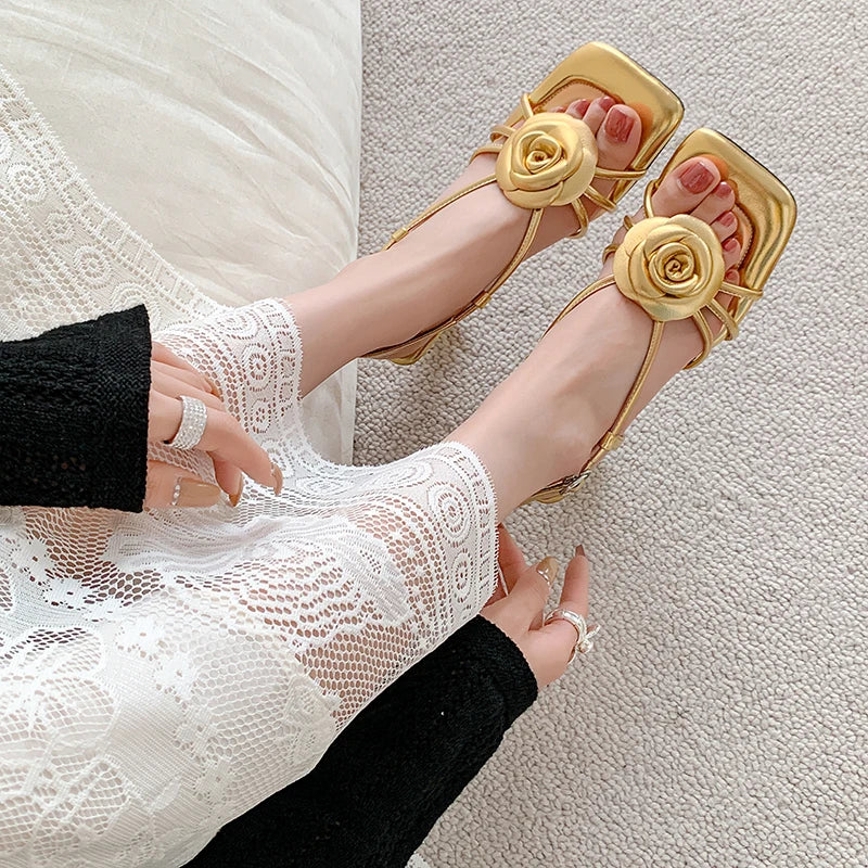 Open Toe Camellia Flower Sandals Square Toe Hollow Summer Strappy Daily Dress Shoes High Heels Beach Shoes