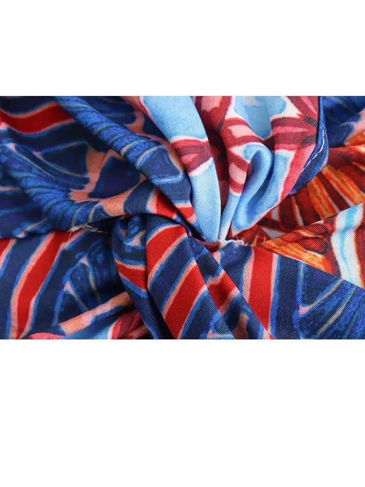 2 Piece Set Vneck Wide Long Sleeves Printed Crop Top Female Elastic High Waist Loose Pants