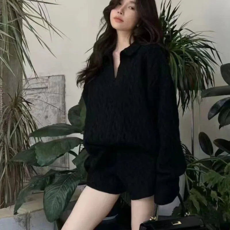 Korean Two-piece Set V-neck Loose Pullover Sweater Top Shorts Outfits Autumn New Suit Female Clothing
