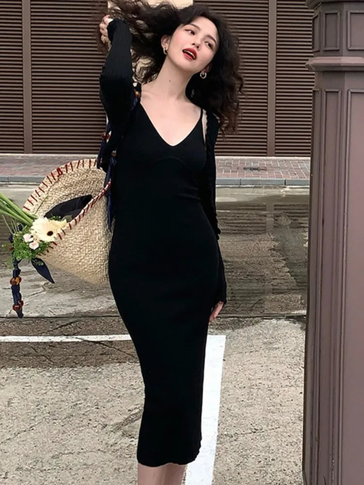 Knitted 2-piece Dress Set Crop Cardigan V-neck Spaghetti Strap Bodycon Midi Dress Autumn New Female Clothing