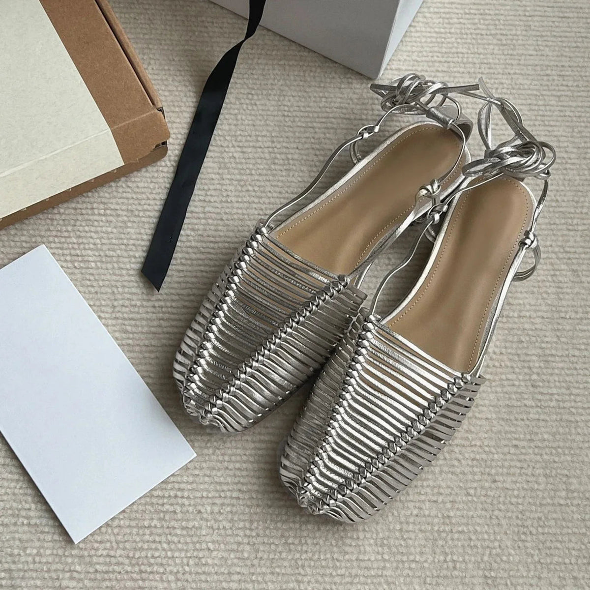 Woven Hollow Strap Sandals Roman Sandals Summer Flat Toe Comfortable Woven Sandals Holiday Party Shoes