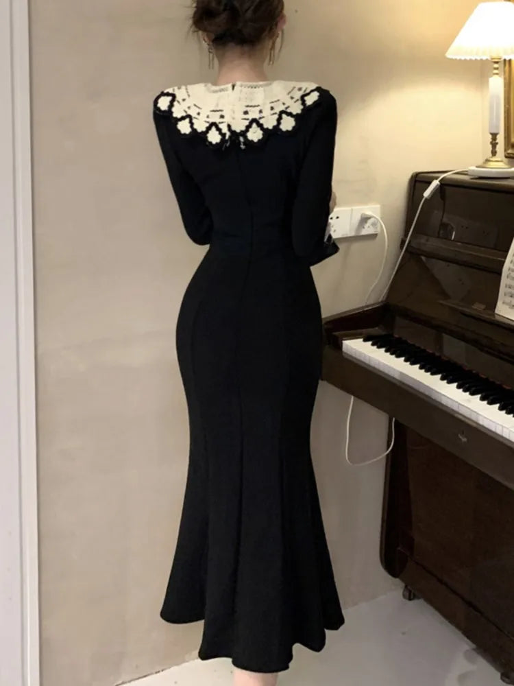 Black Mermaid Dresses French Lace Patchwork Bodycon Evening Party Midi Dress New Vestidos Female Clothes