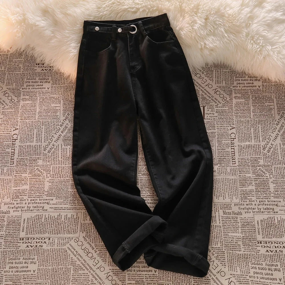 Korean Lace Slit Jeans Pants High Waist Oversize Wide Leg Trousers New Ins All Match Denim