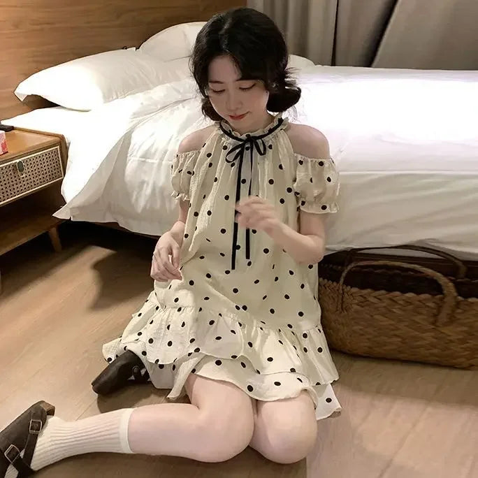 Sweet and Girl's Polka Dot Off Shoulder Princess Doll Dress Summer New Bubble Sleeve Loose Aline Midi Dress for