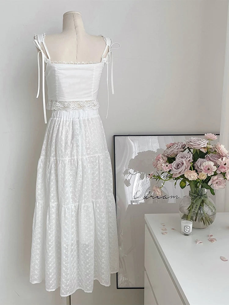 2 Pieces Sets Outfit Lace Patchwork Tie Up Bow Design Slim Crop Suspender Vest+aline High Waist Pleated Skirts