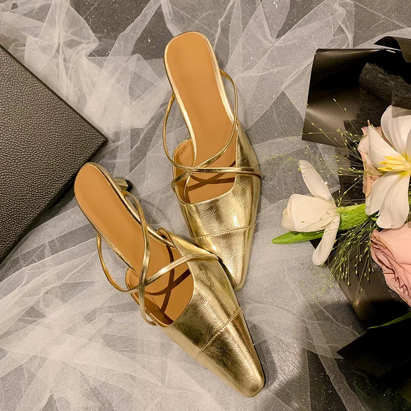 Spring Summer Sandals Party Genuine Leather Thin Heels Mules Slippers Narrow Band Shoes Woman