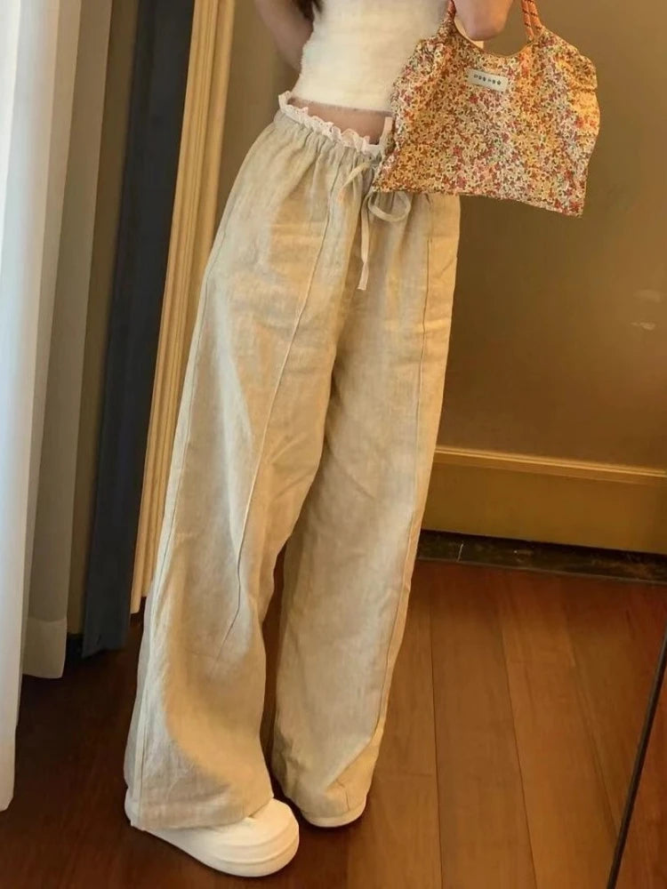 Korean Style Patchwork Wide Leg Pants Sweet Lace Loose Trousers Design Summer