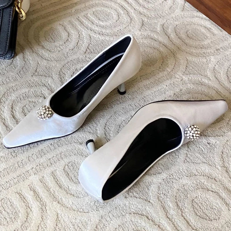 Silk Rhinestone High Heels Pointed Toe Pumps Office Shoes Female Shallow Brand Banquet Dress Shoes