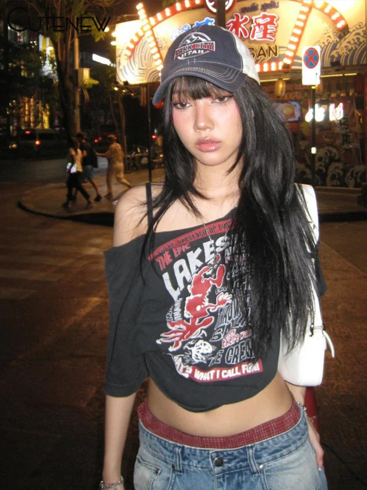 Letter Print Tops Classic Incline Shoulder Short Sleeve Crop T-shirts Summer Wild Street Tees