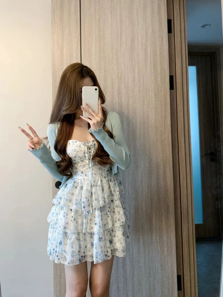 French 2 Piece Dress Suits Slim Dress + Korean Long Sleeve Thin Cardigan