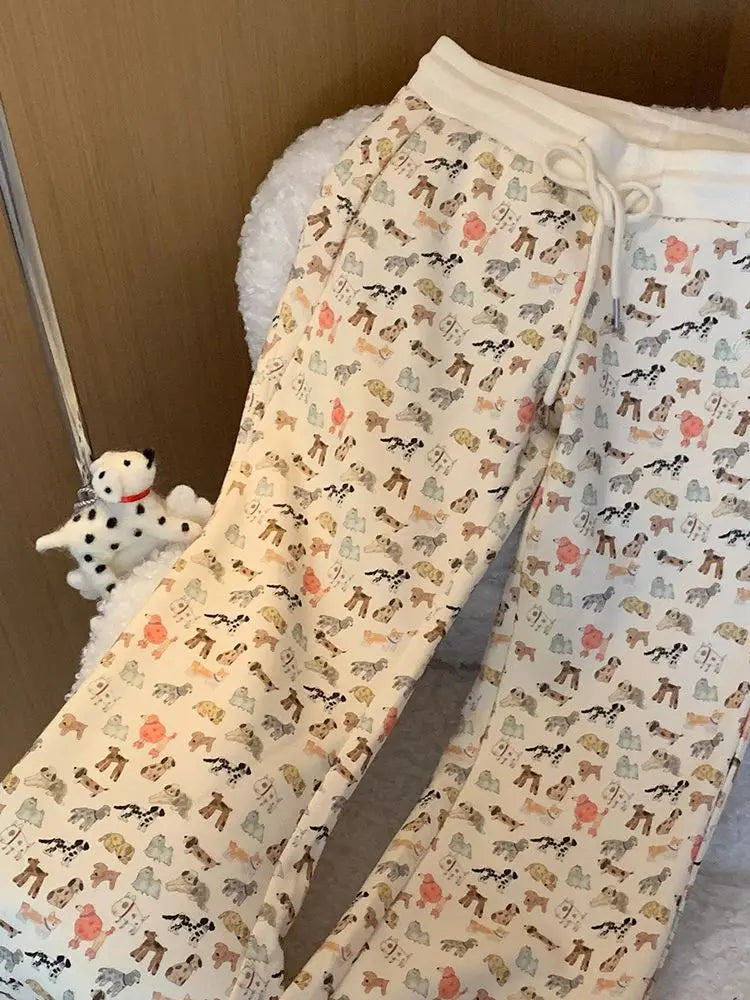 Puppy Print Sweat Y2k Pants Female Autumn Winter Plus Fleece High Waisted Slim Rope Flared Straight Leg Pants