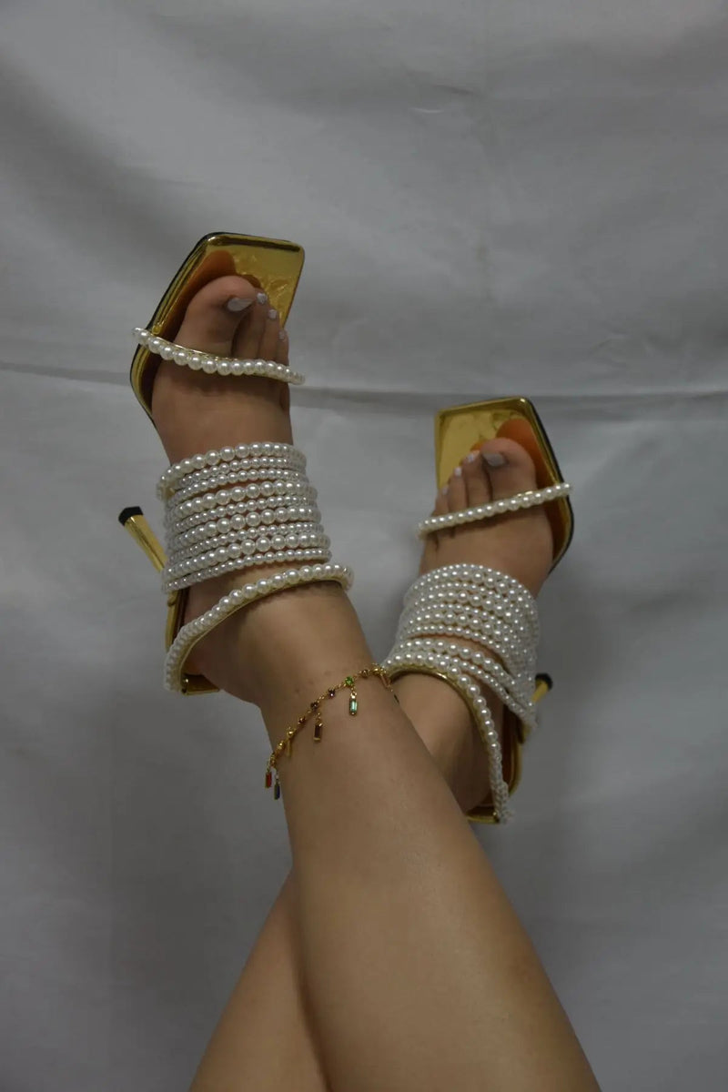 Brand Desigh New Gold String Bead Pearl Wrap Slip on Thin Heels Party Summer Sandals Bride Wedding Dress Shoes