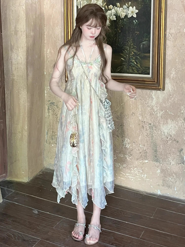 Kawaii Sweet Y2k Japanese Midi Dress Lace Design Camisole Dresses French Evening Party