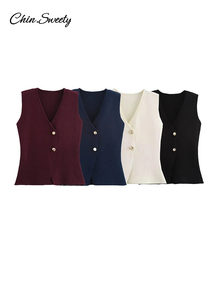 Single Breasted Knitted Vest Top Wine Red V-neck Sleeveless Sweater Tank Female Autumn Lady Knitwear New