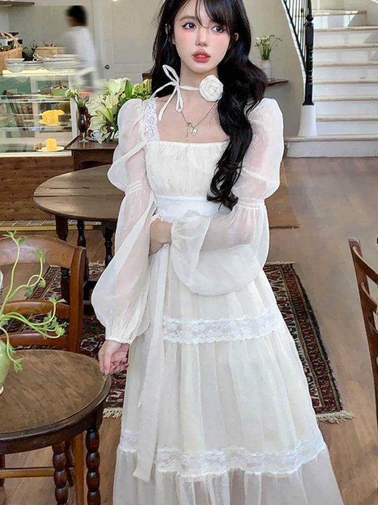 Summer Chiffon Midi Dress Lace Y2k Lolita Fairycore Puff Sleeve High Waist French Evening Party Dresses Prom Robe