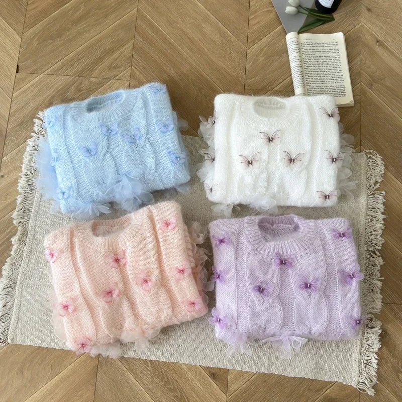 Sweet Hot Girl Butterfly Flower Sweater Autumn/winter Oneck Loose Longsleeved Knitted Sweater Female Clothes