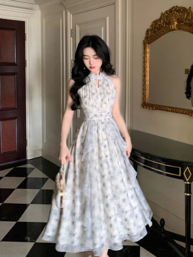 New Strapless Sleeveless White Chiffon Long Dress French Retro Fairy Tale Princess Dress Ruffled Fluffy Dress