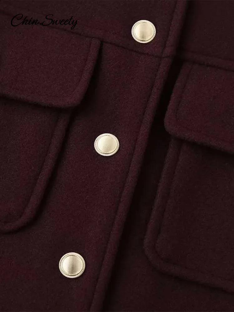 Burgundy Color Woolen Jacket for Stand Collar Single Breasted Pocket Thick Short Coat Autumn Lady Commute Outwear New