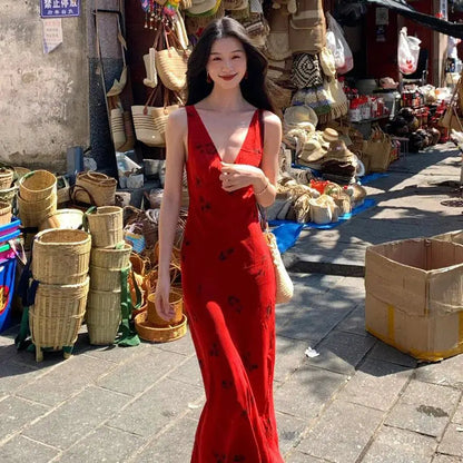 High End Glamorous Socialite Party Evening Red Vneck Camisole Dress Slim Fit Sleeveless Bodycon Maxi Dresses for