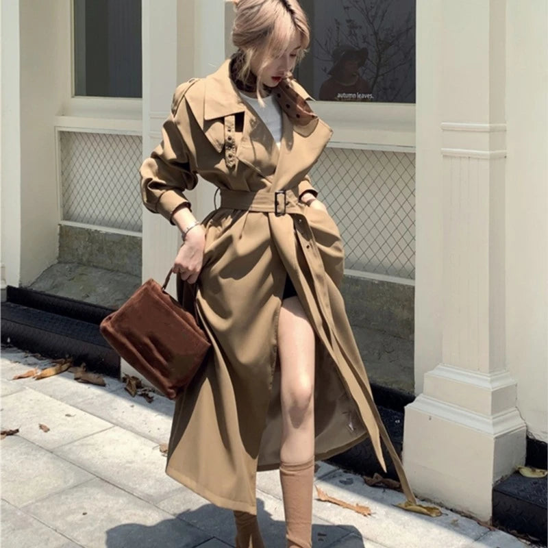 Autumn Winter Woman New Lapel Windbreaker Trench With Belt Korean Style Outerwears Midi Coats