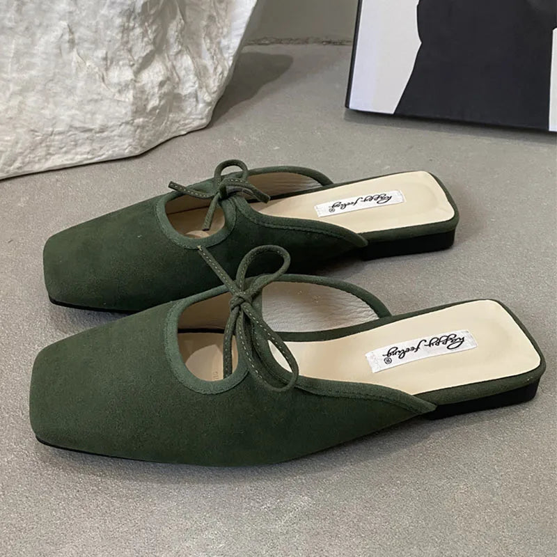 Summer New Flat Slipper Square Toe Slip on Mules Shoes Soft Flat Heel Outdoor Dress Sandal Slides New Woman