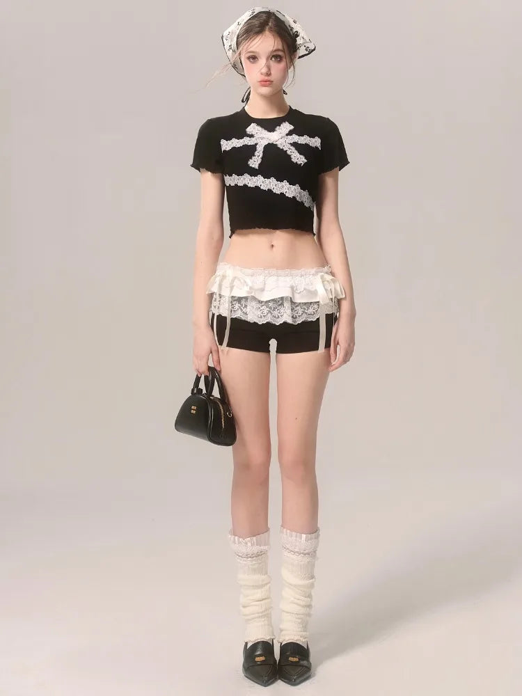 Lace Patchwork Black Shorts Bow Elastic Waist Girl Tight Short Pants Summer Ballet Style Kawaii Clothes