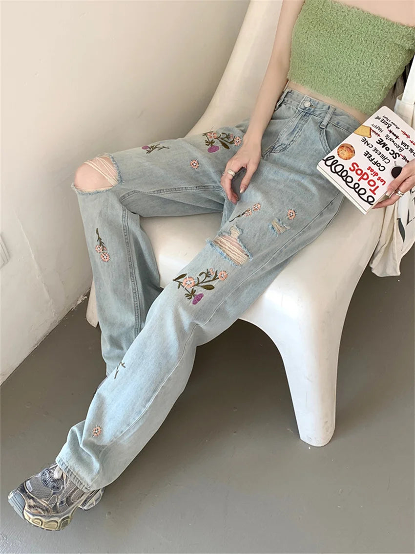 Embroidery Flowers Jeans Autumn Ol Hole Loose Slim New Straight Denim Pants