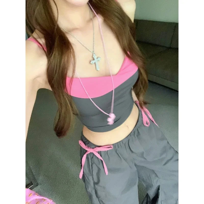 Summer New American Laceup Pleated Loose Wide Leg Pants + Backless Patchwork Camisole Twopiece Suit