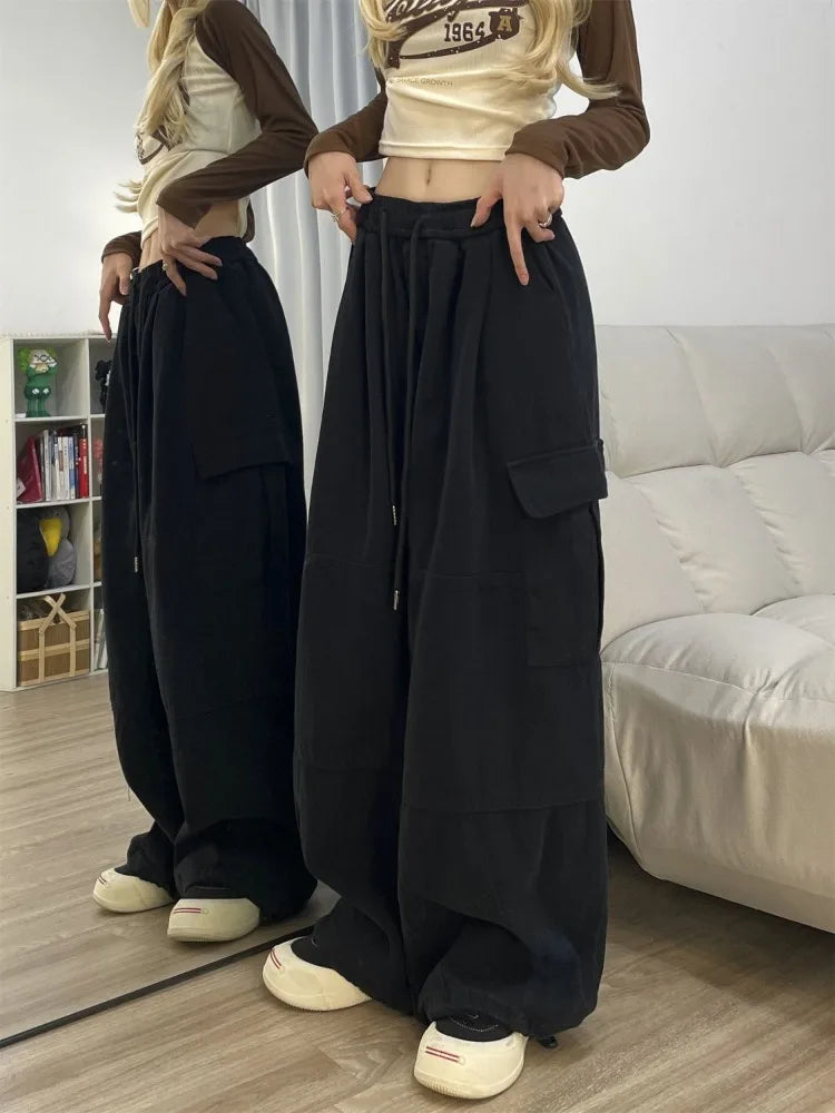 Baggy Cargo Pants Y2k Sweatpants Drawstring High Waist Pocket Patchwork Wide Leg Pants Oversize Trousers