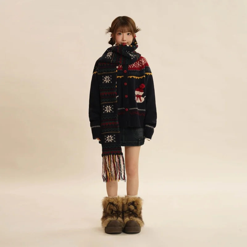 Sweet Hot Girl Retro Knitted Cardigan Winter Snowman Pattern Oneck Loose Sweater Coat Female Clothes