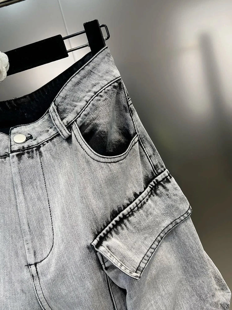 Gradient Multiple Pockets Design Jeans Single Button High Waist Denim Pants Autumn Female New
